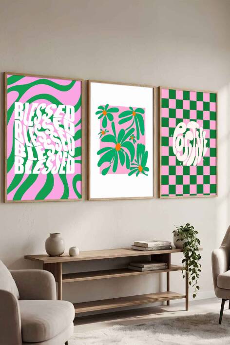 Modern Retro Groovy 3'lü Set Çerçeveli Tablo Salon ve Ofis Dekoru - 7