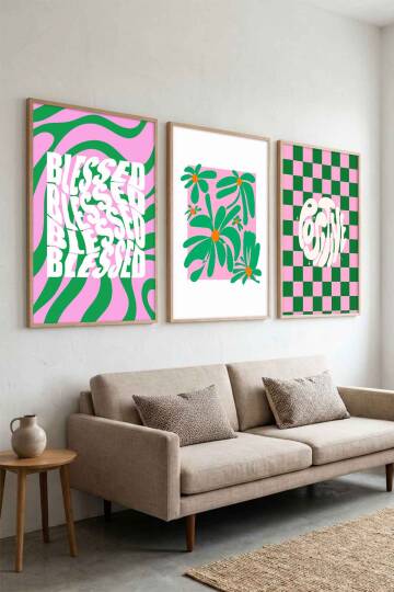 Modern Retro Groovy 3'lü Set Çerçeveli Tablo Salon ve Ofis Dekoru - 9