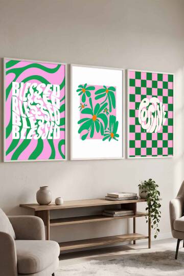 Modern Retro Groovy 3'lü Set Çerçeveli Tablo Salon ve Ofis Dekoru