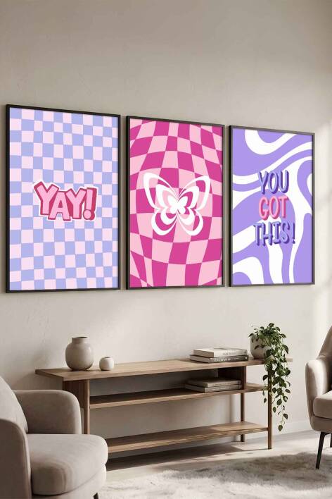 Modern Retro Groovy Kelebek ve Motivasyonel 3'lü Çerçeveli Tablo Seti Genç Odası ve Ofis Dekorasyonu - 4