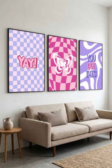 Modern Retro Groovy Kelebek ve Motivasyonel 3'lü Çerçeveli Tablo Seti Genç Odası ve Ofis Dekorasyonu - 5