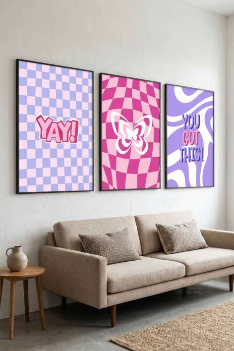 Modern Retro Groovy Kelebek ve Motivasyonel 3'lü Çerçeveli Tablo Seti Genç Odası ve Ofis Dekorasyonu - 5