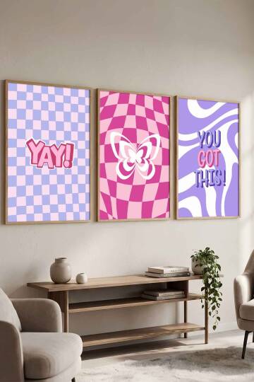 Modern Retro Groovy Kelebek ve Motivasyonel 3'lü Çerçeveli Tablo Seti Genç Odası ve Ofis Dekorasyonu Doğal Ahşap