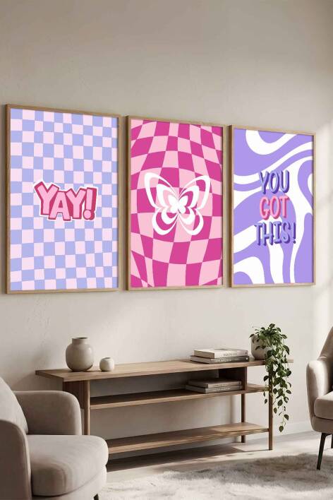 Modern Retro Groovy Kelebek ve Motivasyonel 3'lü Çerçeveli Tablo Seti Genç Odası ve Ofis Dekorasyonu - 7
