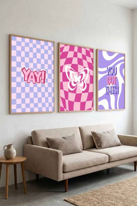 Modern Retro Groovy Kelebek ve Motivasyonel 3'lü Çerçeveli Tablo Seti Genç Odası ve Ofis Dekorasyonu - 8