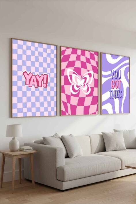 Modern Retro Groovy Kelebek ve Motivasyonel 3'lü Çerçeveli Tablo Seti Genç Odası ve Ofis Dekorasyonu - 9