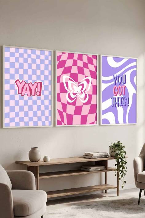 Modern Retro Groovy Kelebek ve Motivasyonel 3'lü Çerçeveli Tablo Seti Genç Odası ve Ofis Dekorasyonu - 2