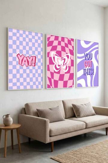 Modern Retro Groovy Kelebek ve Motivasyonel 3'lü Çerçeveli Tablo Seti Genç Odası ve Ofis Dekorasyonu - 3