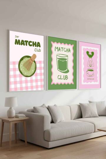 Modern Retro Matcha Club İllüstrasyon 3'lü Set Çerçeveli Tablo Mutfak ve Kafe Duvar Dekoru - 9
