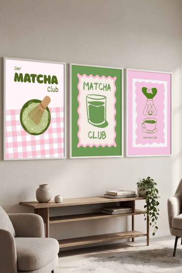 Modern Retro Matcha Club İllüstrasyon 3'lü Set Çerçeveli Tablo Mutfak ve Kafe Duvar Dekoru - 7