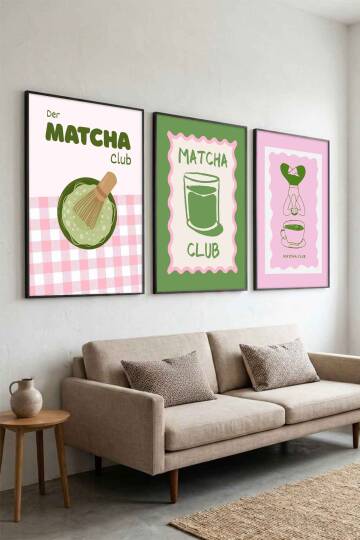 Modern Retro Matcha Club İllüstrasyon 3'lü Set Çerçeveli Tablo Mutfak ve Kafe Duvar Dekoru - 2