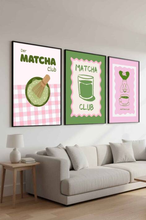 Modern Retro Matcha Club İllüstrasyon 3'lü Set Çerçeveli Tablo Mutfak ve Kafe Duvar Dekoru - 3