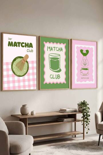 Modern Retro Matcha Club İllüstrasyon 3'lü Set Çerçeveli Tablo Mutfak ve Kafe Duvar Dekoru - 4