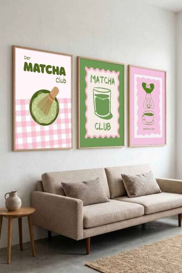 Modern Retro Matcha Club İllüstrasyon 3'lü Set Çerçeveli Tablo Mutfak ve Kafe Duvar Dekoru - 6