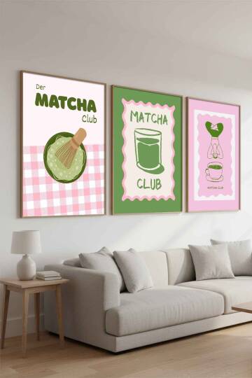 Modern Retro Matcha Club İllüstrasyon 3'lü Set Çerçeveli Tablo Mutfak ve Kafe Duvar Dekoru - 5