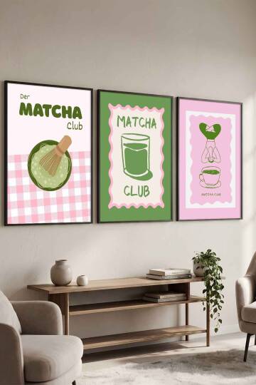 Modern Retro Matcha Club İllüstrasyon 3'lü Set Çerçeveli Tablo Mutfak ve Kafe Duvar Dekoru