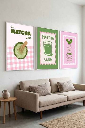 Modern Retro Matcha Club İllüstrasyon 3'lü Set Çerçeveli Tablo Mutfak ve Kafe Duvar Dekoru - 8