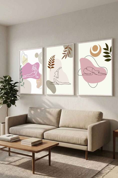 Modern Yoga Figürlü Minimalist 3'lü Çerçeveli Tablo Seti Salon ve Yoga Odası Duvar Dekoru - 9