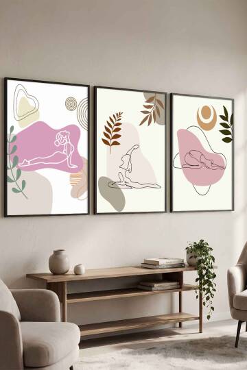 Modern Yoga Figürlü Minimalist 3'lü Çerçeveli Tablo Seti Salon ve Yoga Odası Duvar Dekoru - 4