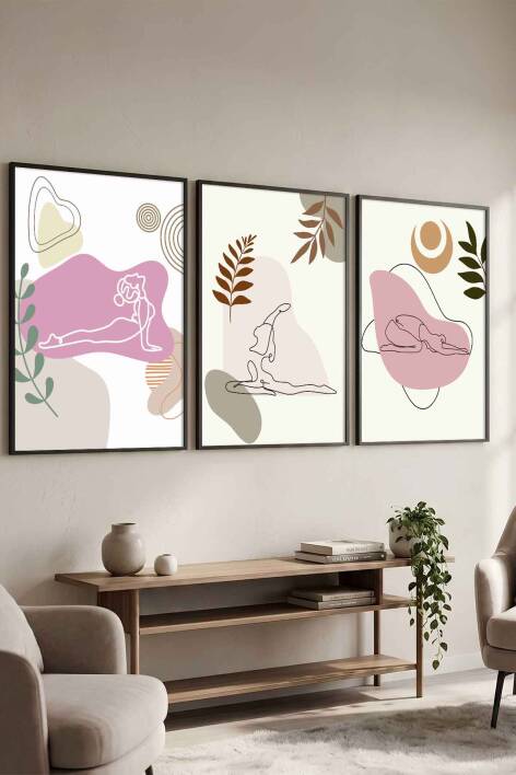 Modern Yoga Figürlü Minimalist 3'lü Çerçeveli Tablo Seti Salon ve Yoga Odası Duvar Dekoru - 4