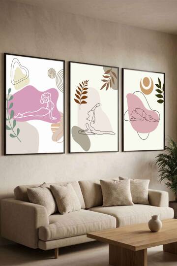 Modern Yoga Figürlü Minimalist 3'lü Çerçeveli Tablo Seti Salon ve Yoga Odası Duvar Dekoru - 5