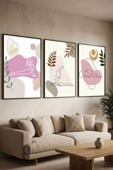 Modern Yoga Figürlü Minimalist 3'lü Çerçeveli Tablo Seti Salon ve Yoga Odası Duvar Dekoru - 5