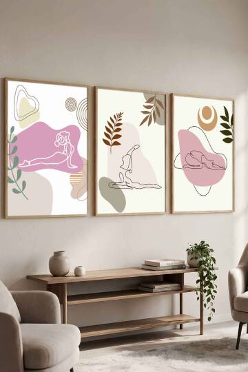 Modern Yoga Figürlü Minimalist 3'lü Çerçeveli Tablo Seti Salon ve Yoga Odası Duvar Dekoru