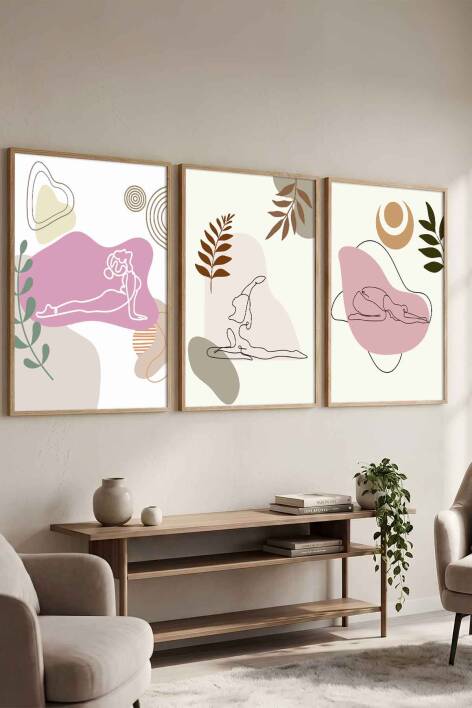 Modern Yoga Figürlü Minimalist 3'lü Çerçeveli Tablo Seti Salon ve Yoga Odası Duvar Dekoru - 1