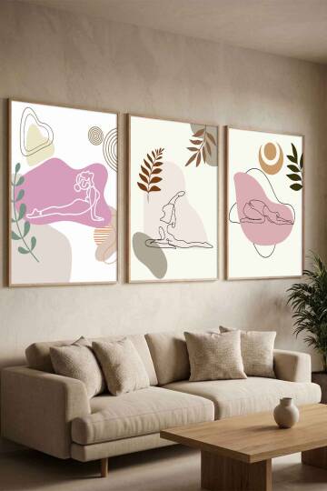 Modern Yoga Figürlü Minimalist 3'lü Çerçeveli Tablo Seti Salon ve Yoga Odası Duvar Dekoru - 2