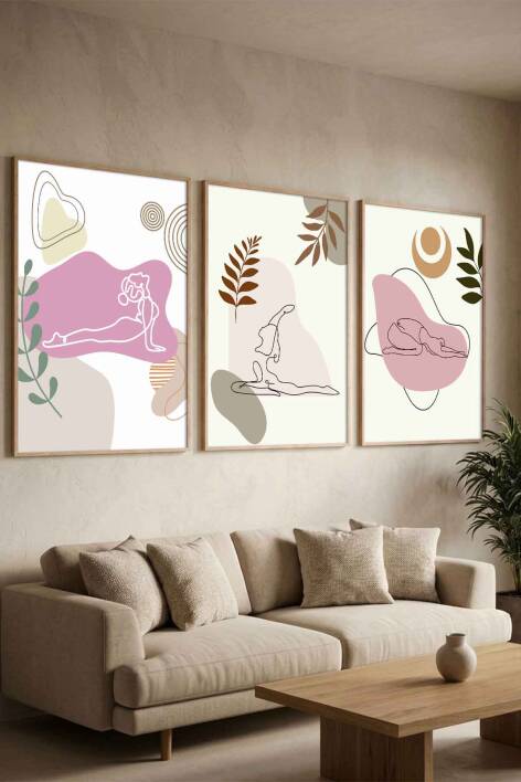 Modern Yoga Figürlü Minimalist 3'lü Çerçeveli Tablo Seti Salon ve Yoga Odası Duvar Dekoru - 2