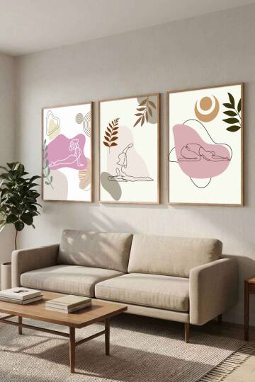 Modern Yoga Figürlü Minimalist 3'lü Çerçeveli Tablo Seti Salon ve Yoga Odası Duvar Dekoru - 3