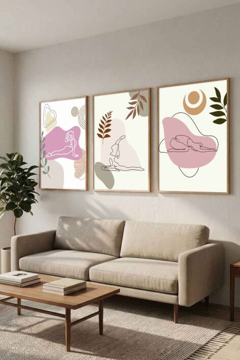 Modern Yoga Figürlü Minimalist 3'lü Çerçeveli Tablo Seti Salon ve Yoga Odası Duvar Dekoru - 3