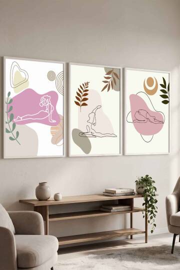 Modern Yoga Figürlü Minimalist 3'lü Çerçeveli Tablo Seti Salon ve Yoga Odası Duvar Dekoru - 7