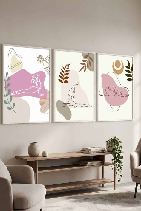 Modern Yoga Figürlü Minimalist 3'lü Çerçeveli Tablo Seti Salon ve Yoga Odası Duvar Dekoru - 7