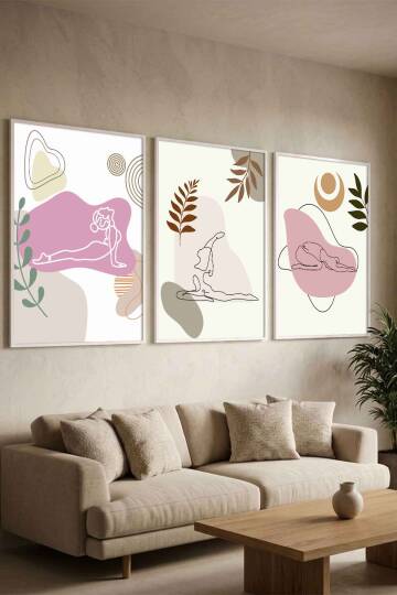 Modern Yoga Figürlü Minimalist 3'lü Çerçeveli Tablo Seti Salon ve Yoga Odası Duvar Dekoru - 8