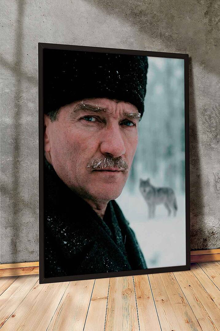 Mustafa Kemal Atatürk Bozkurt Temalı Karlı Çerçeveli Tablo Ofis İşyeri ve Salon - 7