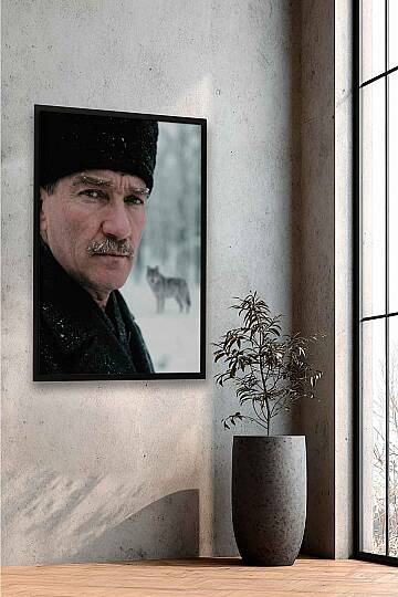 Mustafa Kemal Atatürk Bozkurt Temalı Karlı Çerçeveli Tablo Ofis İşyeri ve Salon - 9
