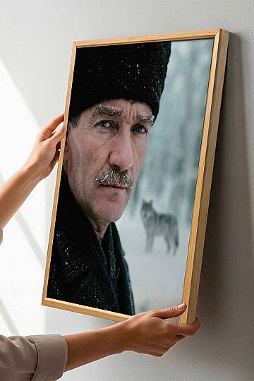 Mustafa Kemal Atatürk Bozkurt Temalı Karlı Çerçeveli Tablo Ofis İşyeri ve Salon - 5