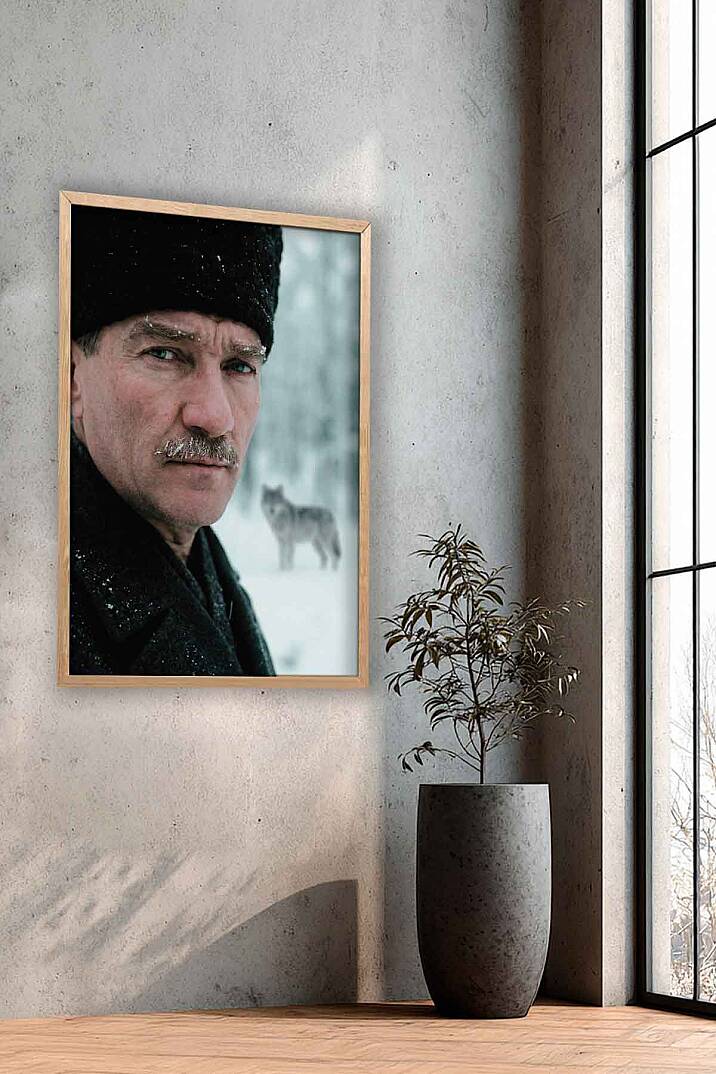 Mustafa Kemal Atatürk Bozkurt Temalı Karlı Çerçeveli Tablo Ofis İşyeri ve Salon - 6