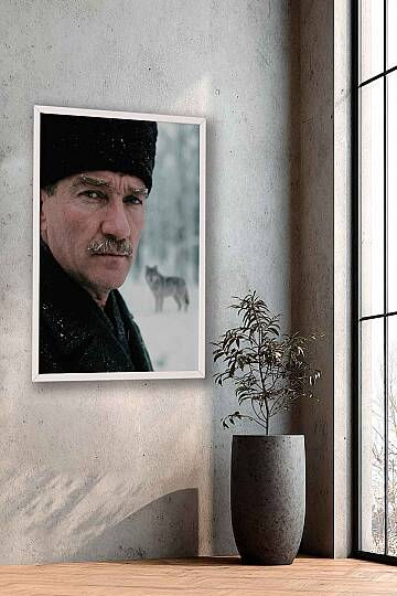 Mustafa Kemal Atatürk Bozkurt Temalı Karlı Çerçeveli Tablo Ofis İşyeri ve Salon - 3