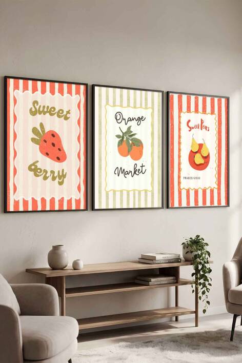 Mutfak 3'lü Tablo Seti Retro Meyve Pazarı Retro Tasarım Çerçeveli Tablo - 1