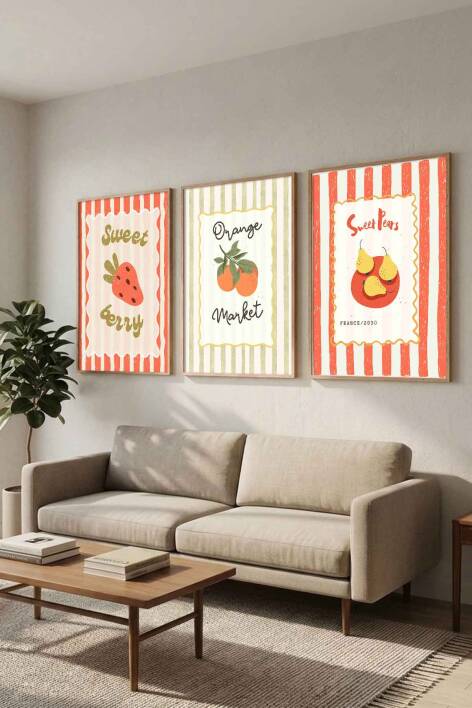 Mutfak 3'lü Tablo Seti Retro Meyve Pazarı Retro Tasarım Çerçeveli Tablo - 6