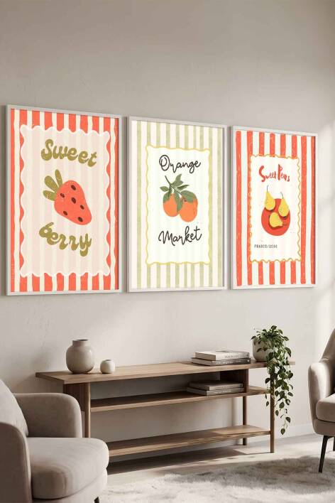 Mutfak 3'lü Tablo Seti Retro Meyve Pazarı Retro Tasarım Çerçeveli Tablo - 7