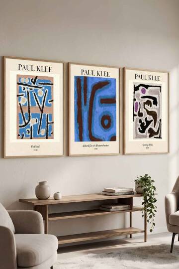 Paul Klee Soyut Sanat 3'lü Çerçeveli Tablo Seti Ünlü Sanatçılar Serisi Modern Salon Dekorasyonu Doğal Ahşap