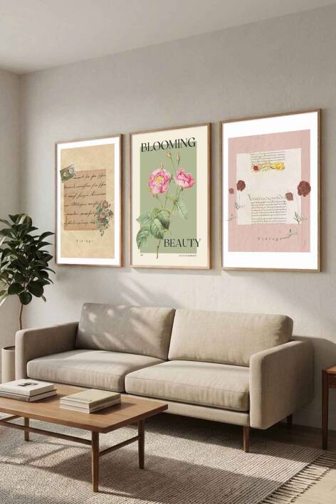 Retro Botanik Çiçek Temalı Çerçeveli 3'lü Tablo Seti Salon ve Ofis Dekorasyonu - 9