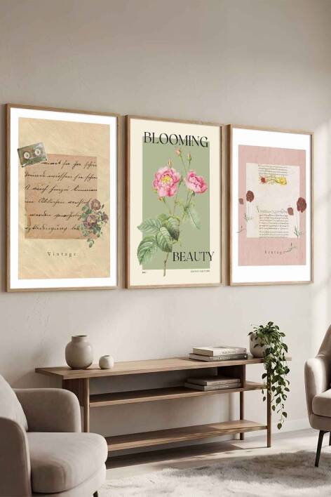 Retro Botanik Çiçek Temalı Çerçeveli 3'lü Tablo Seti Salon ve Ofis Dekorasyonu - 7
