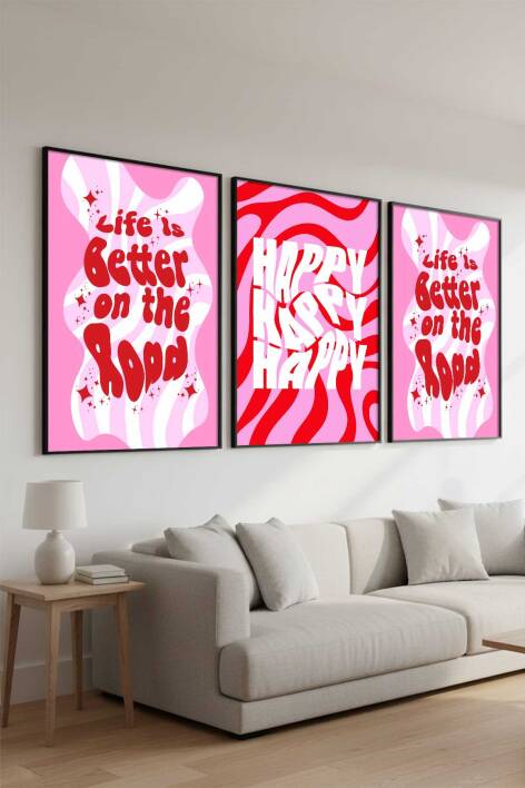 Retro Groovy Motto 3'lü Set Çerçeveli Tablo Salon ve Genç Odası Dekorasyonu - 5