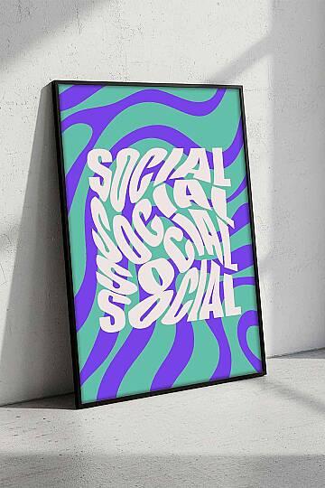 Retro Tipografi Social Yazılı Soyut Desenli Çerçeveli Tablo Genç Odası Ofis Dekoru Siyah