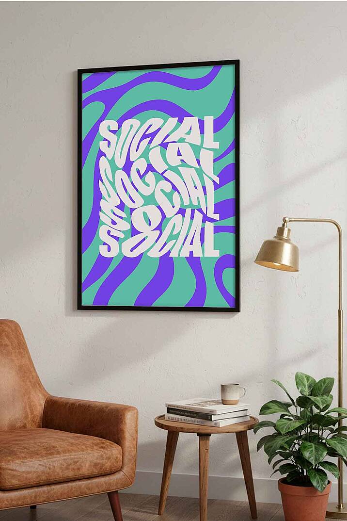 Retro Tipografi Social Yazılı Soyut Desenli Çerçeveli Tablo Genç Odası Ofis Dekoru - 4