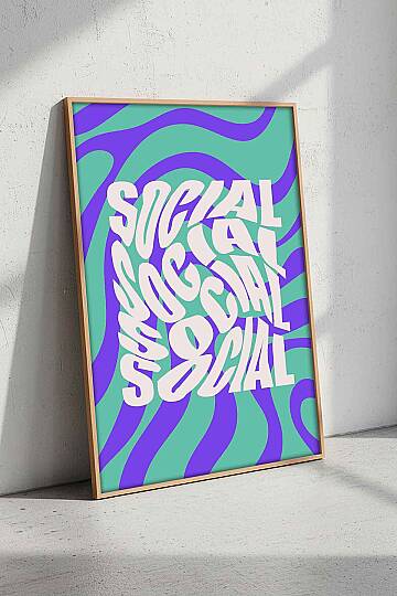Retro Tipografi Social Yazılı Soyut Desenli Çerçeveli Tablo Genç Odası Ofis Dekoru Doğal Ahşap